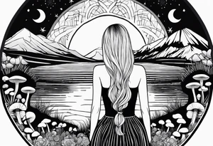 Straight blonde hair girl facing away toward mountains surrounded by mushrooms crescent moon mandala circular design black and white striped dress infinity symbol tattoo idea