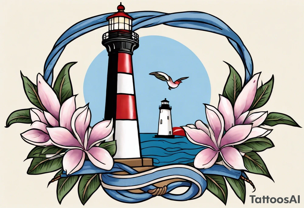 Sailor Jerry tattoo of a light house bordered by magnolia flowers and rope. Behind the light house is a periwinkle blue cancer awareness ribbon tattoo idea