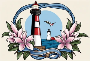 Sailor Jerry tattoo of a light house bordered by magnolia flowers and rope. Behind the light house is a periwinkle blue cancer awareness ribbon tattoo idea
