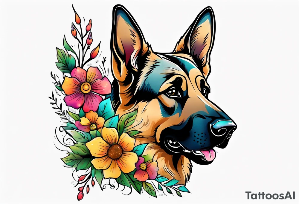 Sable colored German shepherd portrait brightly colored with flowers tattoo idea