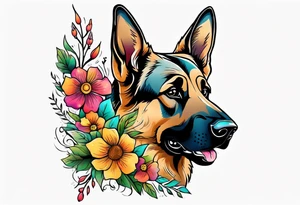 Sable colored German shepherd portrait brightly colored with flowers tattoo idea
