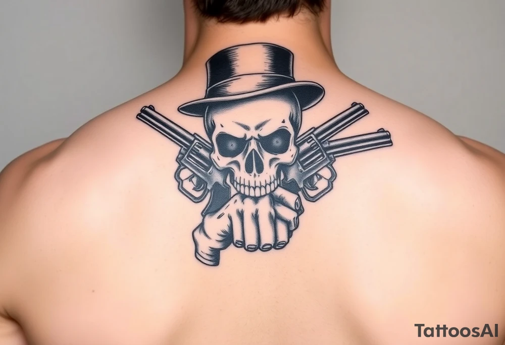 voodoo skull, top hat, dead mans card hand, six guns tattoo idea