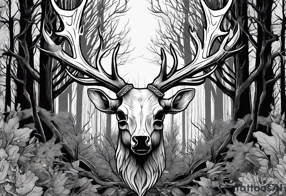 A side view of decayed deer skull surrounded by trees and fire tattoo idea