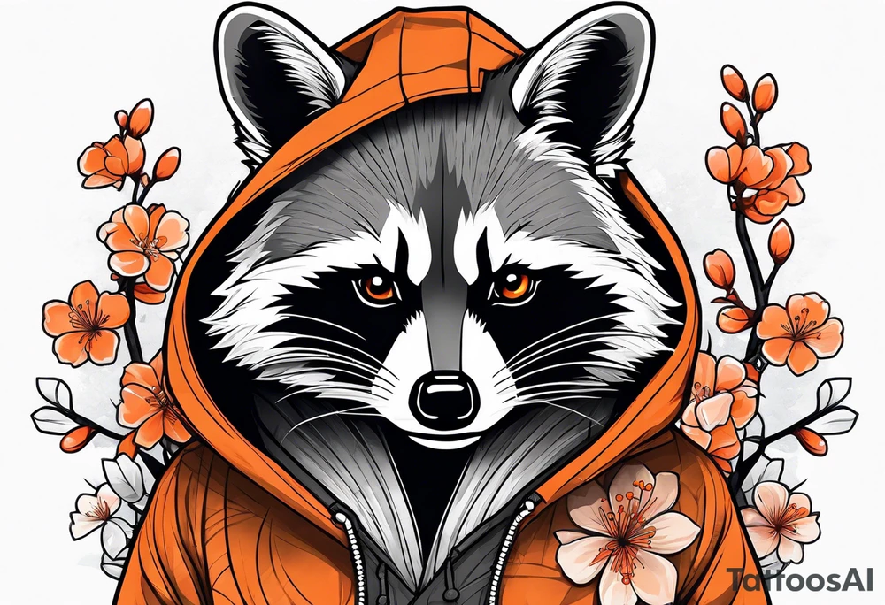Raccoon wearing a white Superman logo on a black hoodie and orange Japanese cherry blossoms tattoo idea