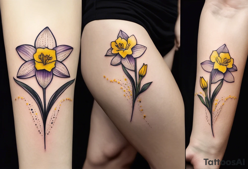 A minimalist tattoo design: Two daffodil flowers drawn with yellow lines, both blossoming from a single stem. On top of the flowers, there is a minimalist dragonfly, smaller in size than the flowers, drawn with purple lines. The stem of the daffodils extends downward and is designed to form the word ‘muadil’ in cursive handwriting, so that the stem and the writing appear as a unified whole. tattoo idea