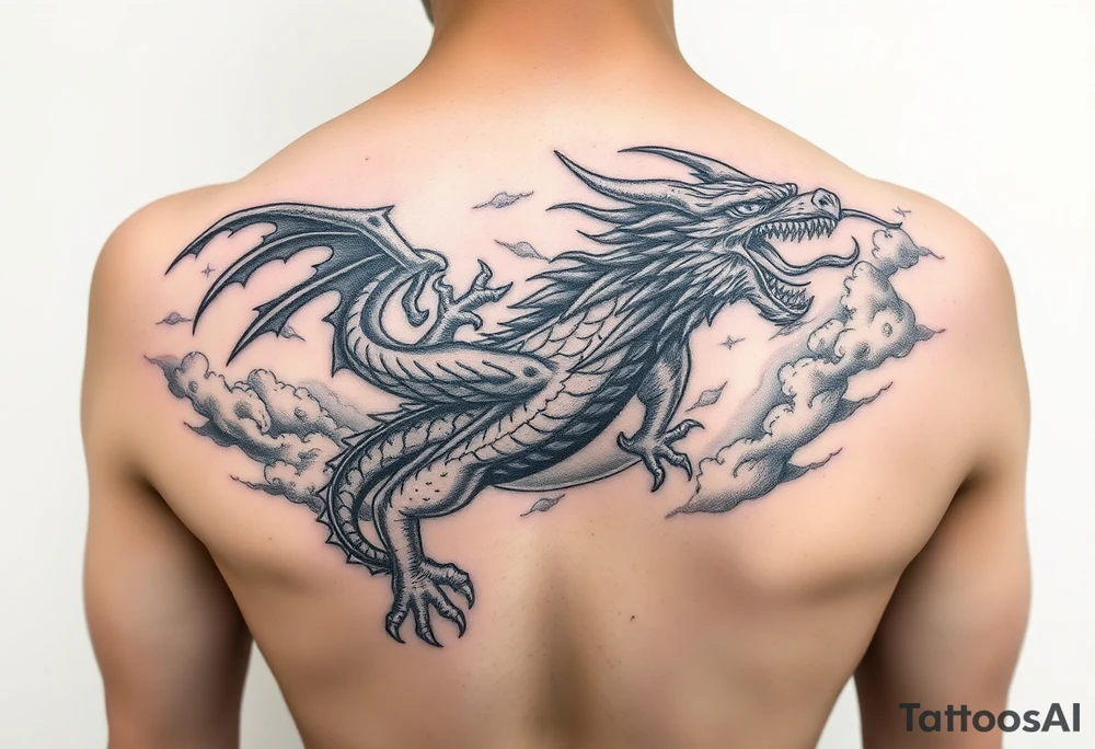 fierce dragon breathing iridescent fire against stormy skies tattoo idea