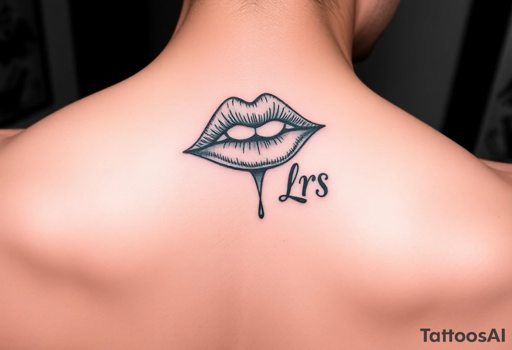 Feminine lip stain tattooed on the neck with the initials lrs beside it tattoo idea
