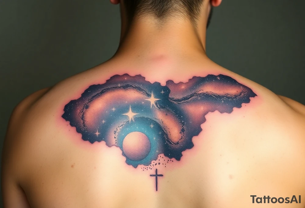 Beautiful and epic 3d milky way that appears to be what is beneath the skin. Make it drape over the shoulder and move to the middle back. use negative spaces to create stars and dust. Incorporate God breathing life into the universe. Keep it symmetrical tattoo idea