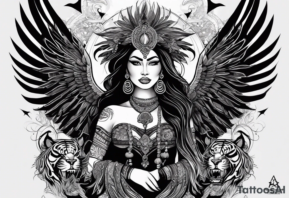 black kali, goddess pirate, alien, angel, pachamama, valkrye, warrior, flying, skull, lotus azul, wing, eagle, zenza resonance, stars, 5D, anahata chakra, death, durga, riding on a tiger, flying lady, kundalini, chest tatoo, rebel tattoo idea