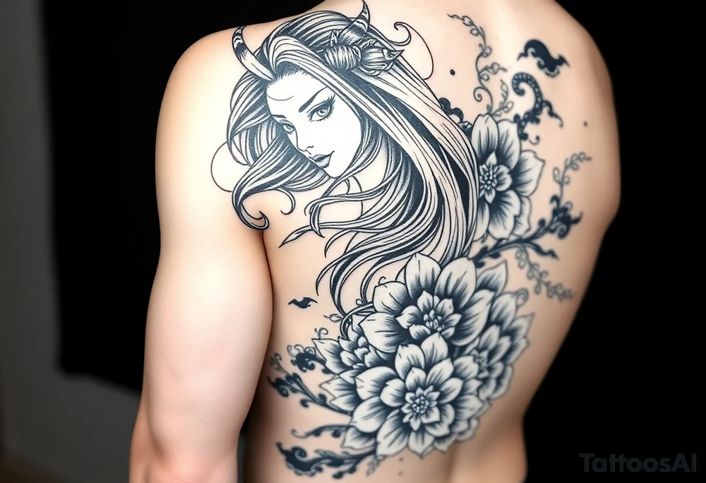 Full sleeve Japanese-inspired tattoo design featuring a beautiful female oni (demon woman) with an elegant, mysterious expression, one hand partially covering her face, long flowing hair integrated into swirling wind and wave patterns, large detailed chrysanthemums and peonies woven through the composition, dynamic negative space with bold black fills and smooth gradients, traditional Japanese cloud and water motifs, high-contrast black and grey with soft shading and sharp linework, balanced composition wrapping around the arm, modern neo-Japanese illustrative style. tattoo idea