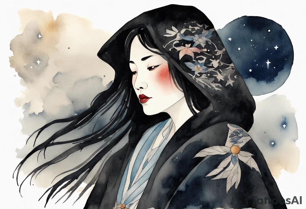 a watercolor of a beautiful 50-year-old Dakota woman wearing black cloak with the night sky in the background tattoo idea