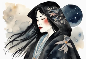 a watercolor of a beautiful 50-year-old Dakota woman wearing black cloak with the night sky in the background tattoo idea