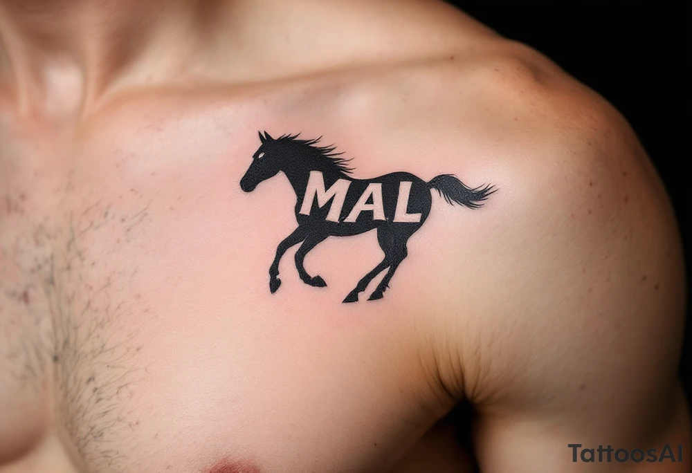 horse silhouette 
from the front which gallops from the front, with the 3 small letters discreetly integrated: M, A, L tattoo idea