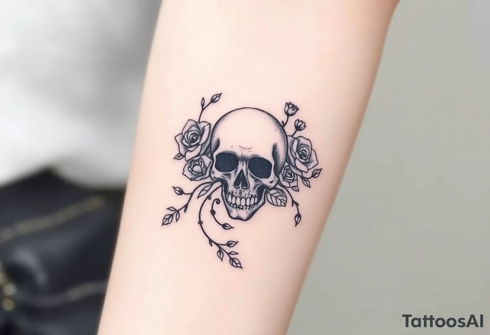 gothic skull intertwined with climbing roses and thorny vines tattoo idea