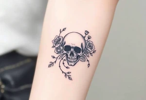 gothic skull intertwined with climbing roses and thorny vines tattoo idea