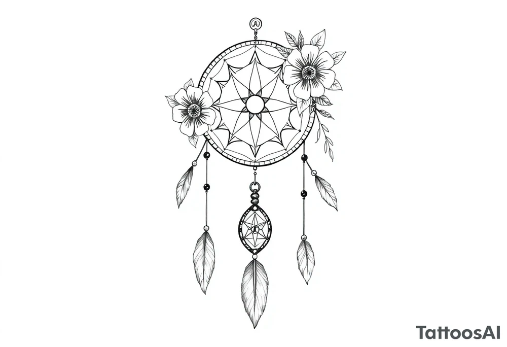 Boho dream catcher with compass and anchor Beautiful flowers and an ornamental chandelier like look tattoo idea