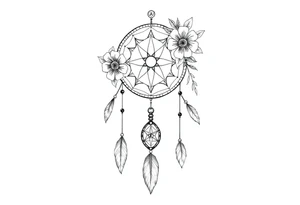 Boho dream catcher with compass and anchor Beautiful flowers and an ornamental chandelier like look tattoo idea