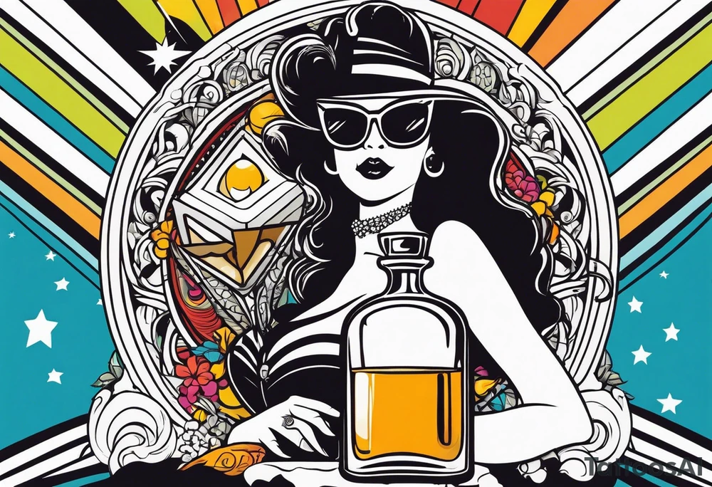 Um fantasminha com óculos de sol segurando um charuto e uma garrafa de whisky e uma coroa na cabeça tattoo idea