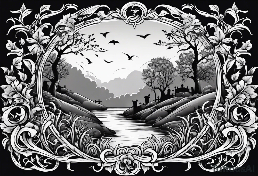 Leafy vines with grave yard tattoo idea