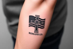 Incorporate a simple Celtic cross with the American flag and the text “Romans 1:16” tattoo idea