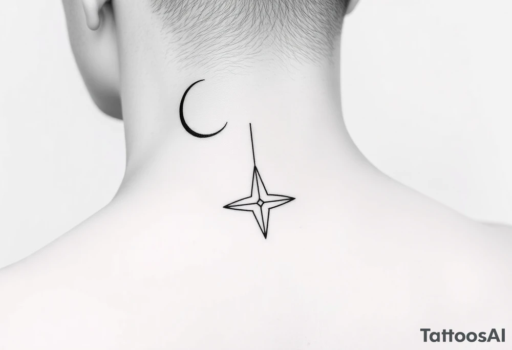 A minimalist crescent moon neck tattoo with a sleek, modern design. The crescent moon is positioned at the top, curving to the left, with a thin, clean line. Below the moon, there is a vertical line intersected by a sharp, star-like shape with four points. The star shape has elongated top and bottom points, giving it a clean, symmetrical look. The tattoo is placed behind the ear, following the natural curve of the neck. The lines are crisp and delicate, creating a stylish, celestial vibe." tattoo idea