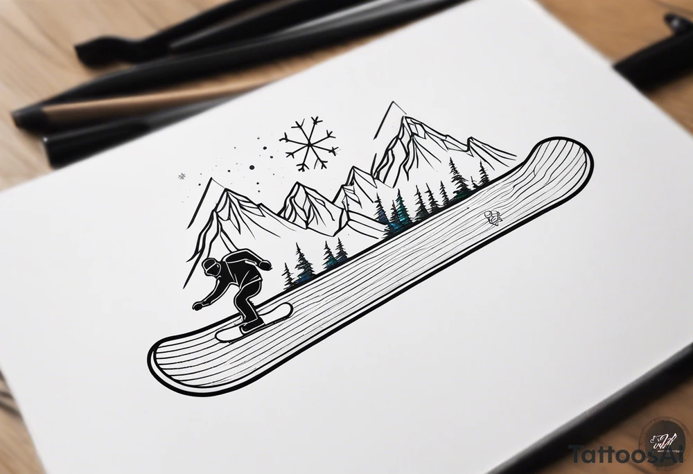 Small fine line tattoo of a snowboard with a snowflake and mountains in it tattoo idea