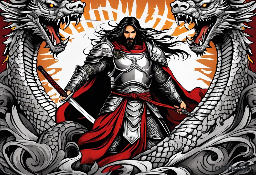 Almighty powerful Jesus in his indestructible armor and using his sword to cutting off the dragon head tattoo idea