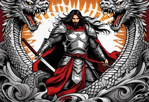 Almighty powerful Jesus in his indestructible armor and using his sword to cutting off the dragon head tattoo idea