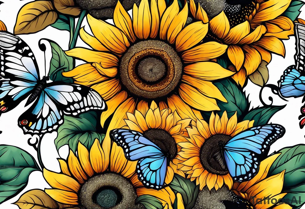 Sleeve with butterflies and sunflowers tattoo idea