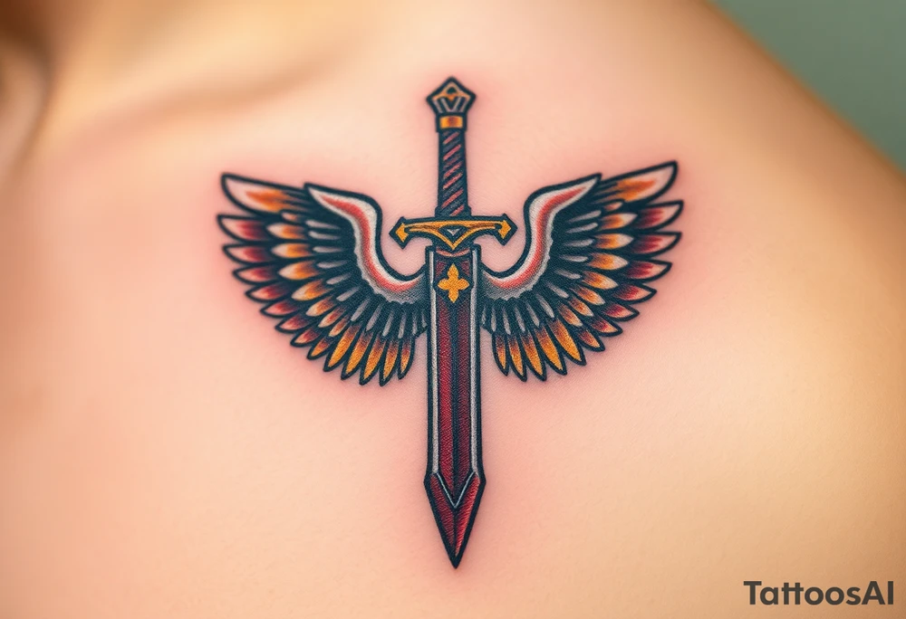 A battle-worn sword forming the shape of a cross, with large eagle wings in brown and gold tattoo idea