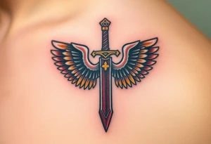 A battle-worn sword forming the shape of a cross, with large eagle wings in brown and gold tattoo idea