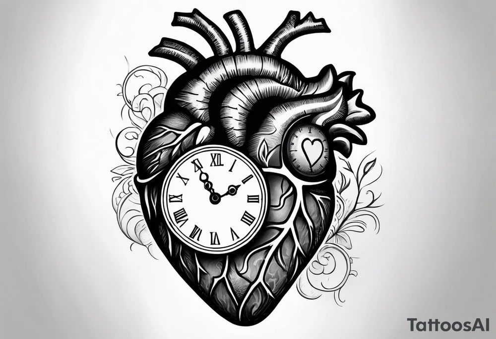 Anatomical heart with clock tattoo idea