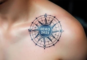 Jakoubek name and date 02. 03. 2021 – A classic blue and gray compass with Jack's birthdate etched in bold, modern font at the center. tattoo idea