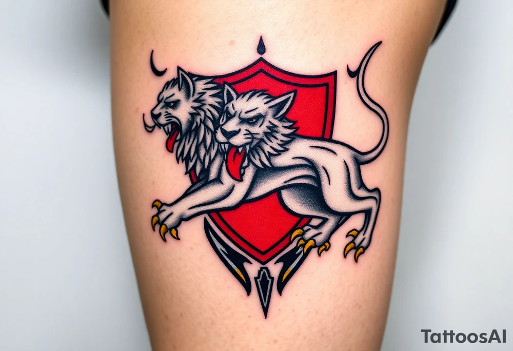 A majestic double-tailed silver lion with golden claws and a red tongue, standing proudly in a red shield, symbolizing strength and courage tattoo idea