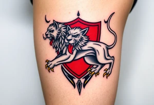 A majestic double-tailed silver lion with golden claws and a red tongue, standing proudly in a red shield, symbolizing strength and courage tattoo idea