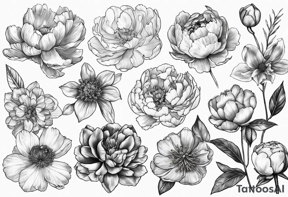 Birth flowers from January, February, September, October and December and peony tattoo idea
