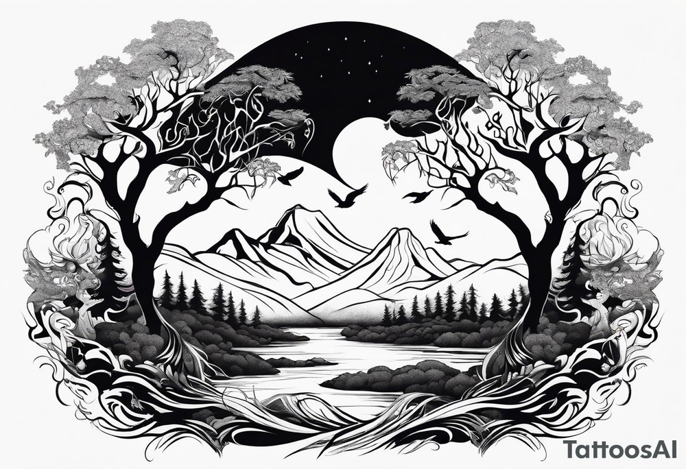 forest with water flowing and phoenix and roots and reflection waves and three birds tattoo idea