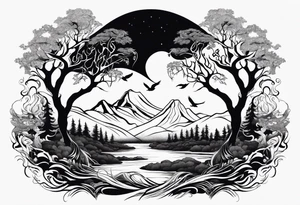 forest with water flowing and phoenix and roots and reflection waves and three birds tattoo idea