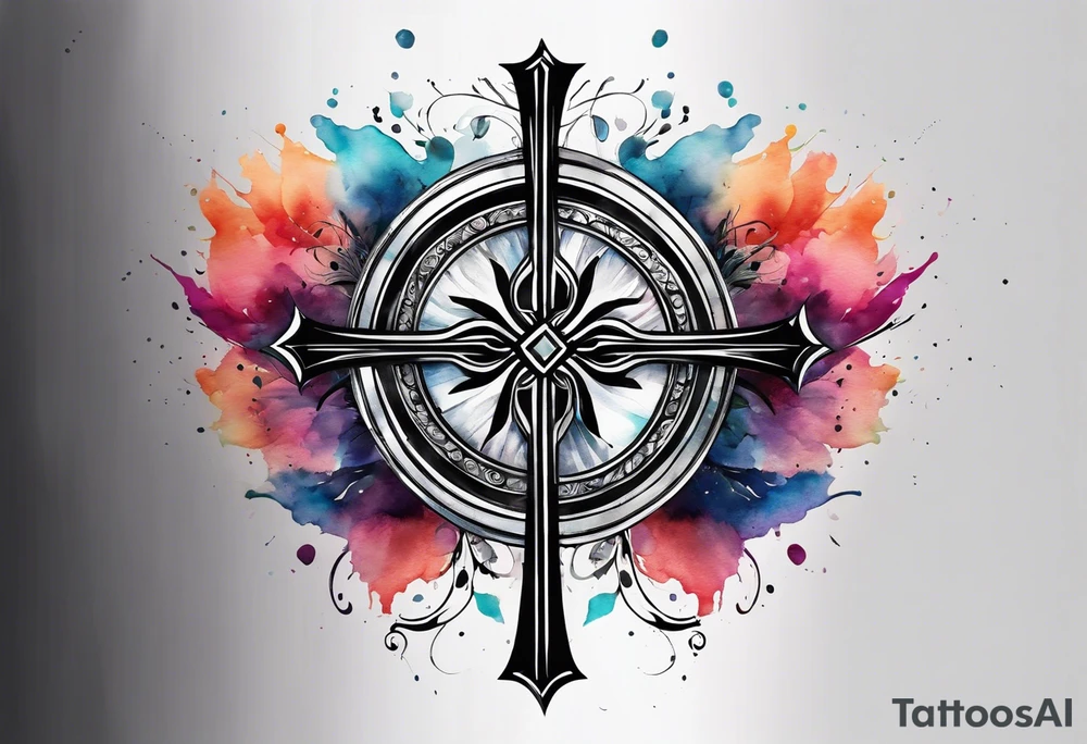 black stroke cross with watercolor backgound tattoo idea