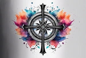 black stroke cross with watercolor backgound tattoo idea