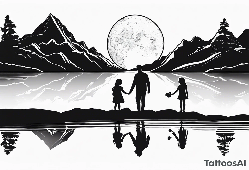 Father in between 6 year old daughter and 2 year old son. Standing in front of water with their reflection with tree beside them and mountains in the background. Moon in the sky reflecting in the water tattoo idea