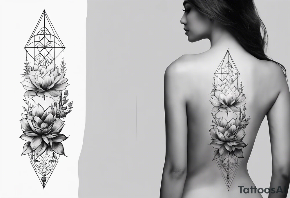 Tattoo on Woman’s Spine fine line, flower, moon, balance, eternity, perfection, love, patience, rising out of suffering tattoo idea