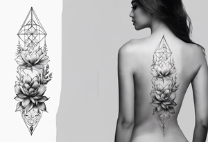 Tattoo on Woman’s Spine fine line, flower, moon, balance, eternity, perfection, love, patience, rising out of suffering tattoo idea