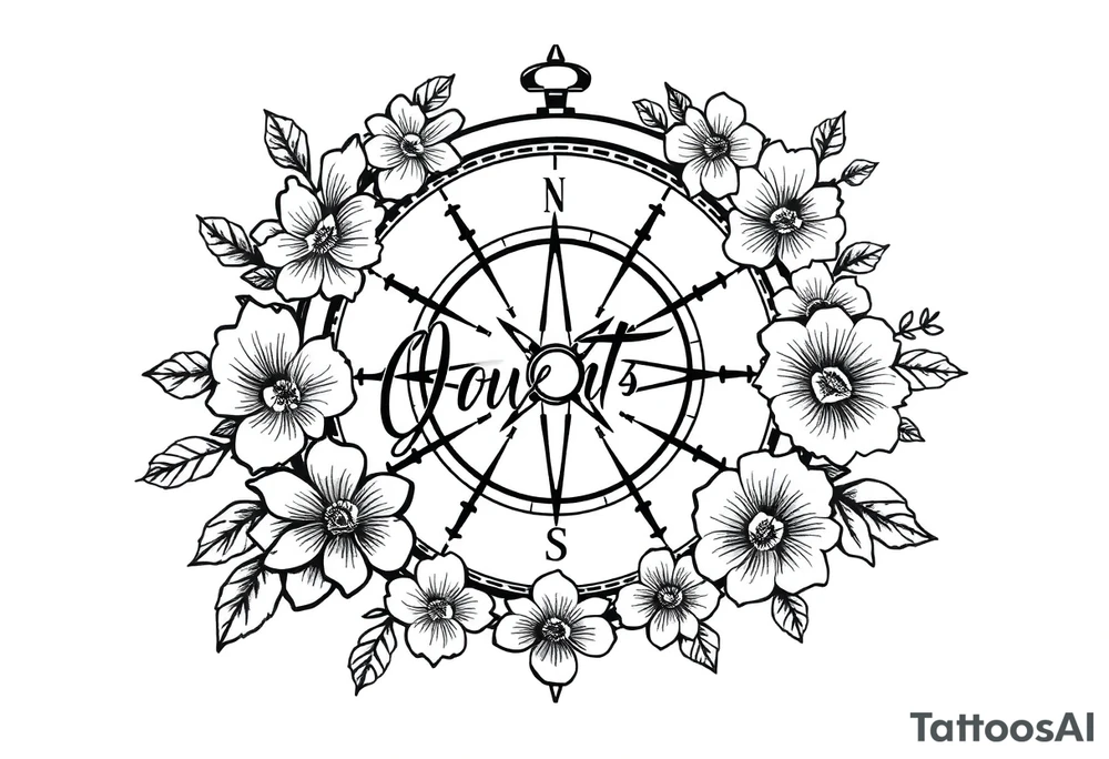 Compass surrounded with flowers cursive letters tattoo idea