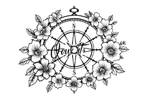Compass surrounded with flowers cursive letters tattoo idea