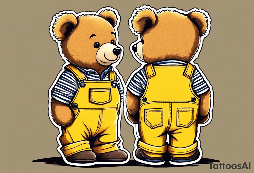 image of the back of a light brown teddy bear standing in yellow overalls, striped tank top and wearing boots tattoo idea