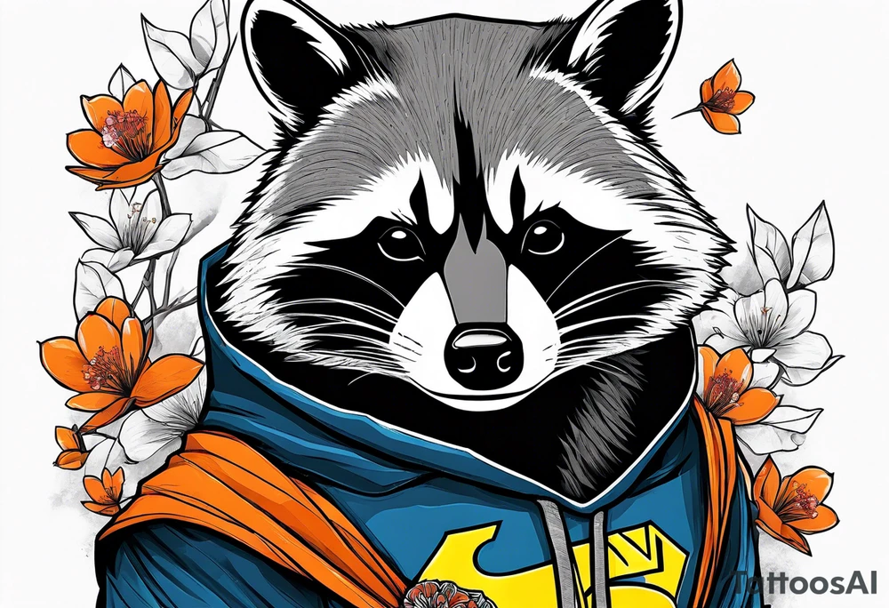 raccoon wearing a black and white Superman hoodie and orange Japanese cherry blossoms tattoo idea