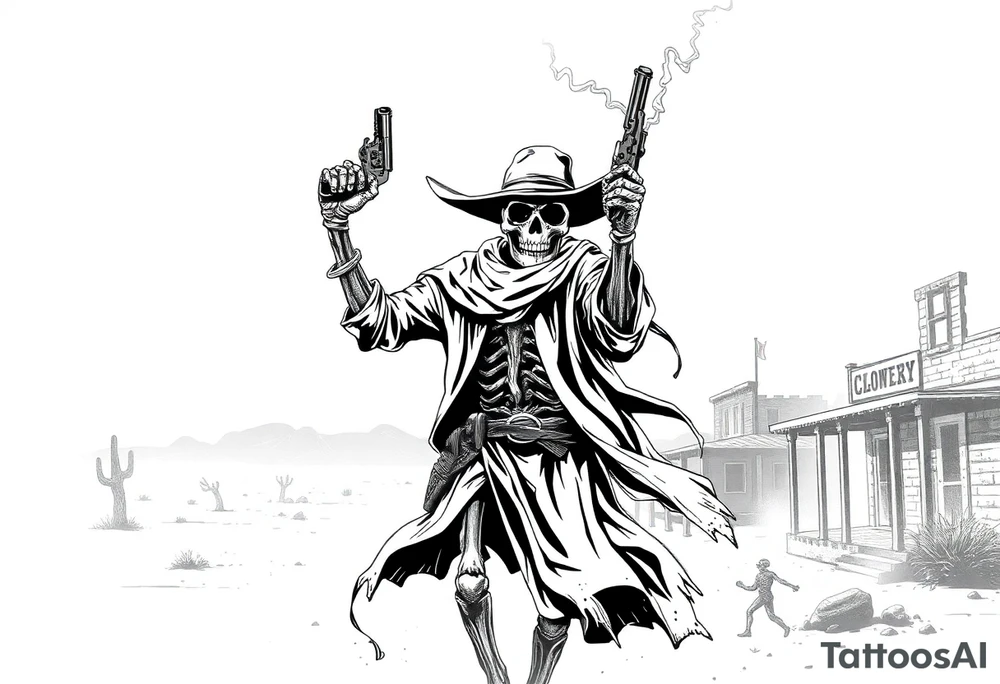 In the heart of a ghost town swallowed by the desert, a lone figure strides through the dust — a skeletal gunslinger risen from legend. Sun-bleached bones glint beneath his tattered duster, and wind whips around him like whispers of forgotten duels. With one bony hand, he pulls down a worn bandana, revealing a grinning skull locked in a permanent, menacing sneer. In the other hand, he raises a heavy, timeworn revolver, smoke coiling from its barrel as if it remembers every soul it's sent to the underworld. Behind him, the desert sky burns with the fire of a setting sun, casting long shadows of death and justice. tattoo idea