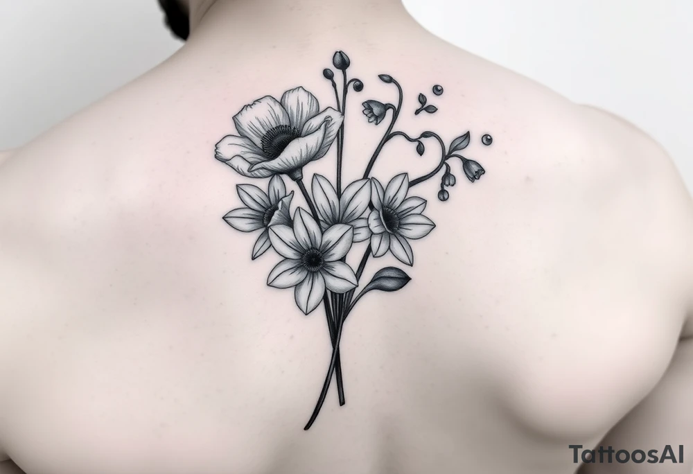 very simple Black and white tattoo with a bouquet from one stem featuring poppy flower, lily of the valley, daffodil, water lily, daisy, with less lines and detail tattoo idea