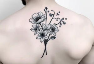 very simple Black and white tattoo with a bouquet from one stem featuring poppy flower, lily of the valley, daffodil, water lily, daisy, with less lines and detail tattoo idea